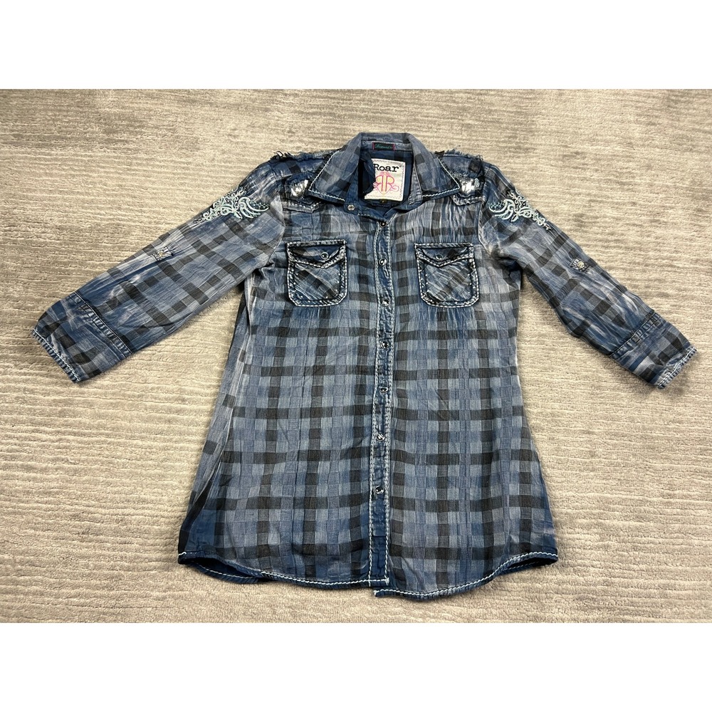 Roar Shirt Womens Small Blue Plaid Windrunner Sequin Embroidered Distressed Snap